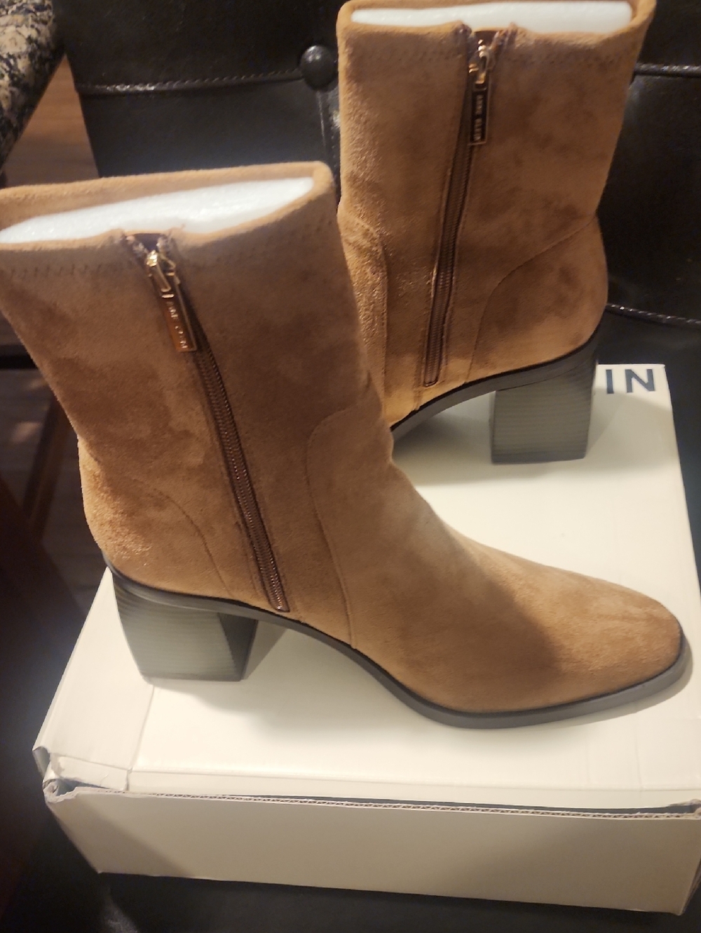 Anne Klein Camel Suede Ankle Booties with Block Heel